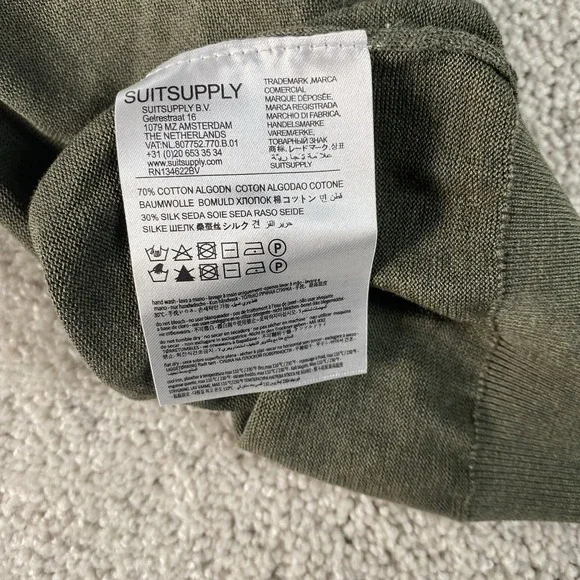 SuitSupply Sweater Mens XL Army Green Silk Cotton Knit Crew Neck Lightweight - Picture 8 of 8